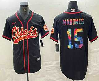 Men%27s Kansas City Chiefs #15 Patrick Mahomes Black Multi Color With Patch Cool Base Stitched Baseball Jersey